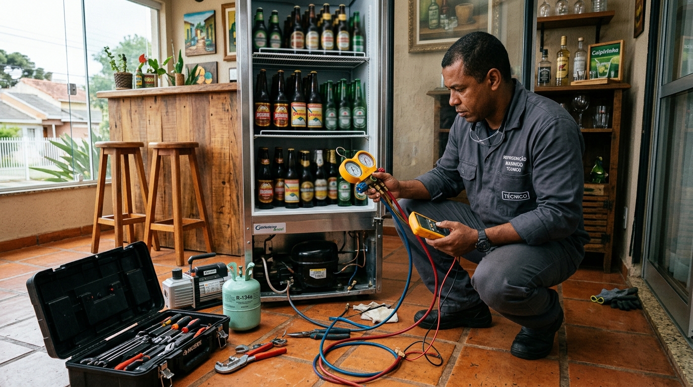 Profissional executando reparo no motor de cervejeira em Canoas‑RS