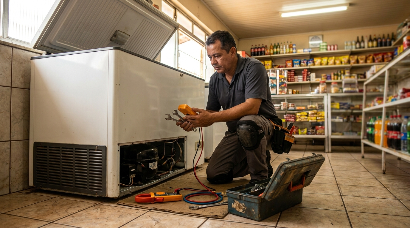 Profissional executando manutenção no motor de freezer em Canoas‑RS