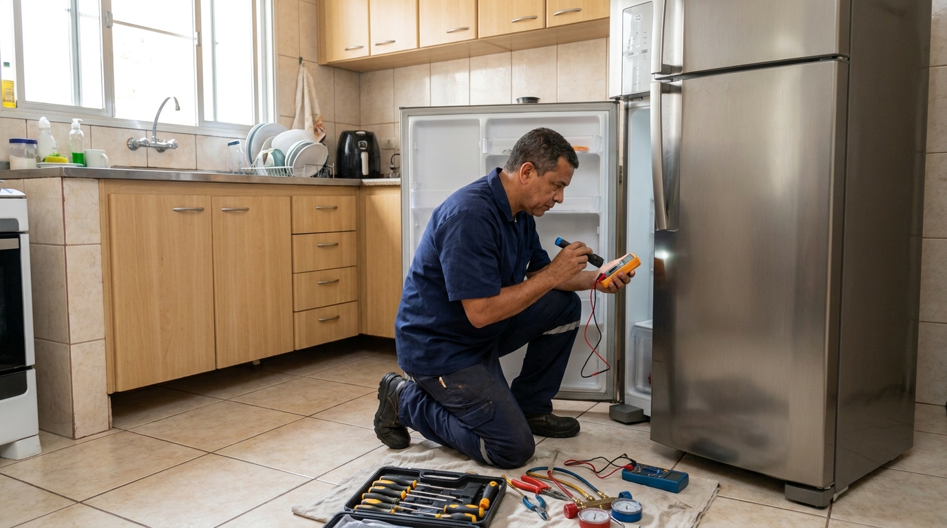 Técnico aplicando recarga de gás refrigerante em geladeira em Canoas‑RS